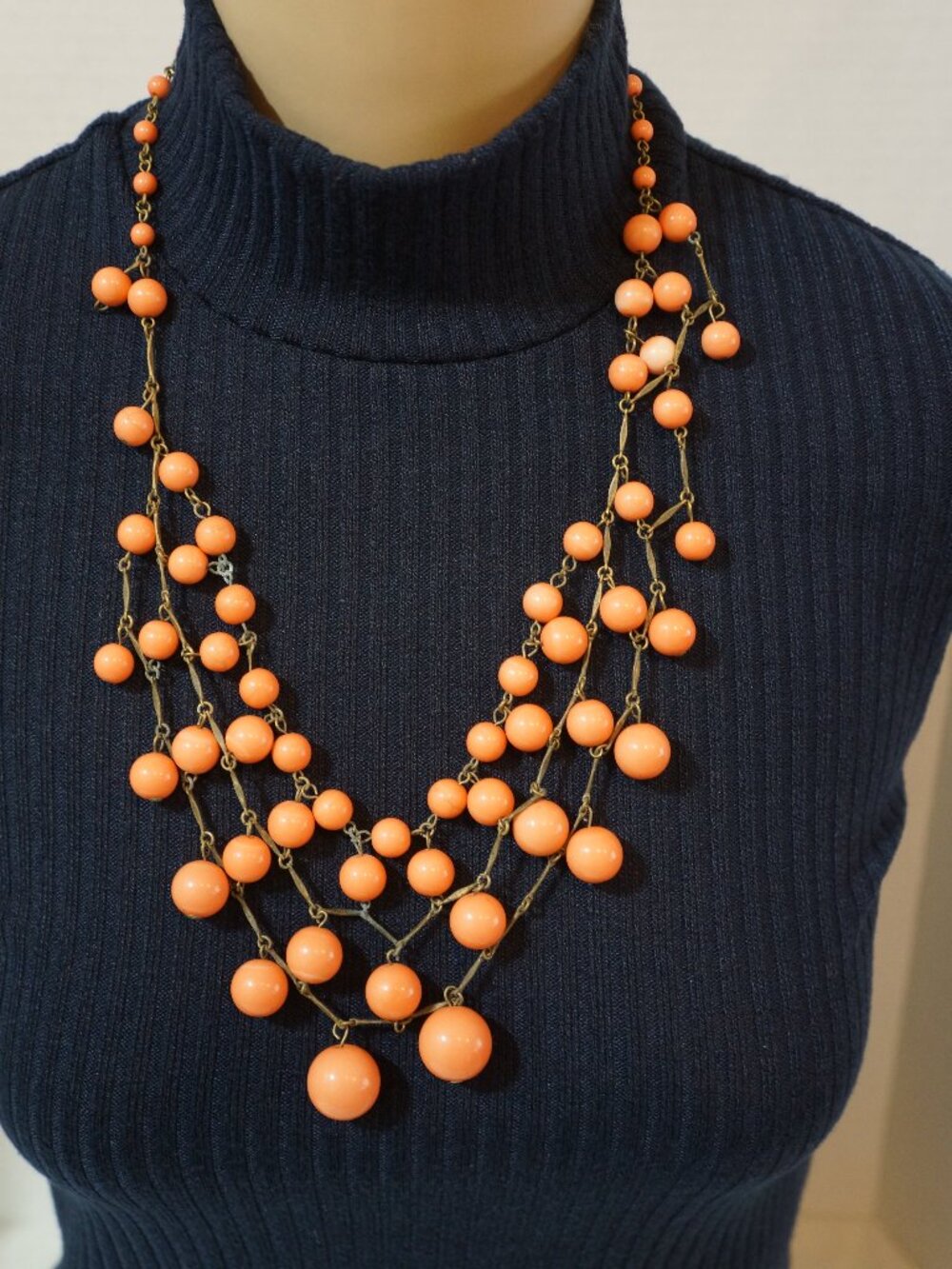 Vintage Coral Salmon Pink Bubble Bib Necklace - Retro Boho Statement
